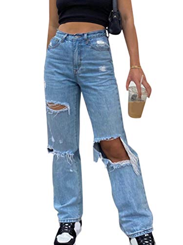 Onsoyours Damen Jeans mit Hoher Taille Slim Fit Stretch Schlank Jeanshose Push Up Denim Pants Boyfriend Löcher Zerissene Jeans Knopfleiste B Blau S von Onsoyours