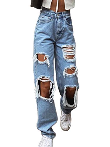 Onsoyours Damen Jeans mit Hoher Taille Slim Fit Stretch Schlank Jeanshose Push Up Denim Pants Boyfriend Löcher Zerissene Jeans Knopfleiste D Blau XXL von Onsoyours