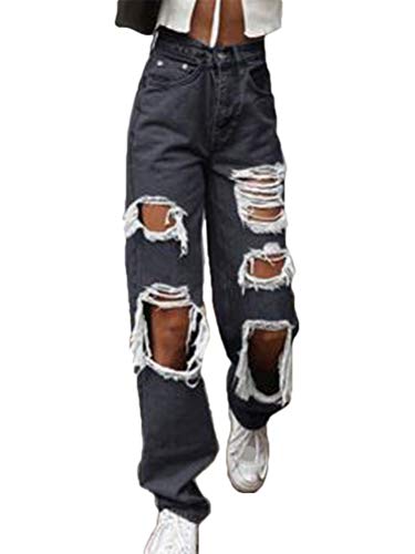 Onsoyours Damen Jeans mit Hoher Taille Slim Fit Stretch Schlank Jeanshose Push Up Denim Pants Boyfriend Löcher Zerissene Jeans Knopfleiste D Schwarz S von Onsoyours