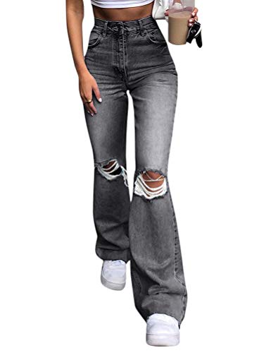 Onsoyours Damen Jeans mit Hoher Taille Slim Fit Stretch Schlank Jeanshose Push Up Denim Pants Boyfriend Löcher Zerissene Jeans Knopfleiste E Schwarz S von Onsoyours