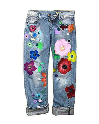 Onsoyours Damen Jeanshose Skinny Stretch Jeans mit Blumen Stickerei Slim Fit Hohe Taille Boyfriend Denim Hose Freizeithose Z1 Hellblau Large von Onsoyours