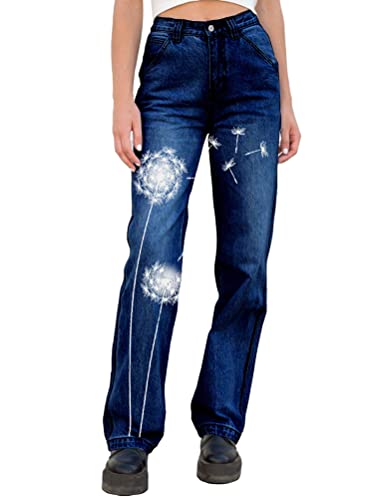 Onsoyours Damen Jeanshosen Bootcut High Waist Jeans Straight Leg Hochbund Hosen Mit Löwenzahn Drucken Skinny Slim Fit F Dunkelblau XL von Onsoyours