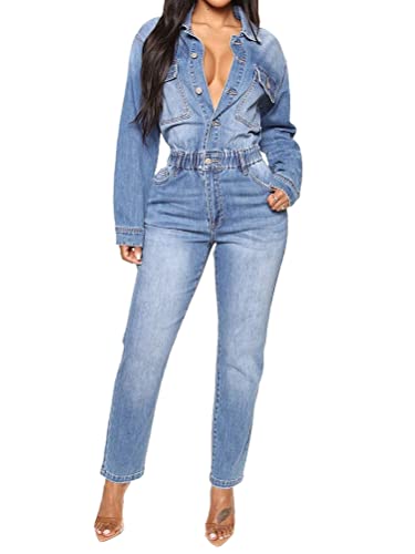 Onsoyours Damen Jeansoverall Jumpsuit Skinny Fit Denim-Overall Playsuit Jeans Hosenanzug Romper Damen Jeanslatzhose Latzhose Jeans Lange Hose Denim Overall C Hellblau M von Onsoyours