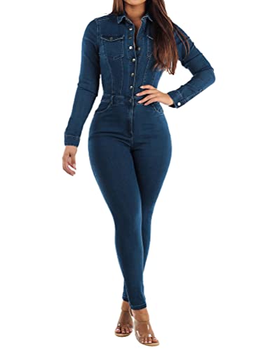 Onsoyours Damen Jeansoverall Jumpsuit Skinny Fit Denim-Overall Playsuit Jeans Hosenanzug Romper Damen Jeanslatzhose Latzhose Jeans Lange Hose Denim Overall D Dunkelblau L von Onsoyours