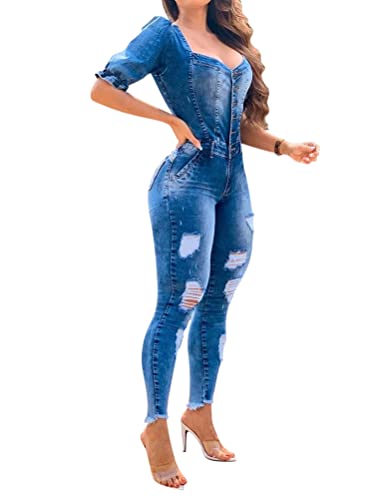 Onsoyours Damen Jeansoverall Jumpsuit Skinny Fit Denim-Overall Playsuit Jeans Hosenanzug Romper Damen Jeanslatzhose Latzhose Jeans Lange Hose Denim Overall E Blau 3XL von Onsoyours