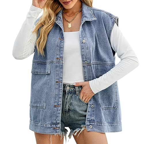 Onsoyours Damen Jeansweste mit Kapuze Oversized Boyfriend Denim Jeans Weste Locker Ärmellos Jeansjacke Vintage mit Taschen Hoodie Jacke Mantel mit Knopf Outwear Frühling Herbst A Blau L von Onsoyours