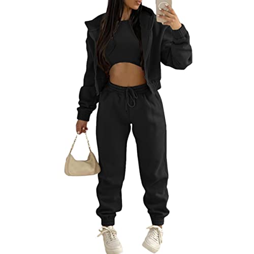 Onsoyours Damen Jogginganzug Fleece Kapuzen Sportswear Freizeitanzug Dreiteiliger Sport Freizeitanzug Sportswear mit Tasche Reißverschluss Hoodie + Weste + Sporthose Schwarz M von Onsoyours