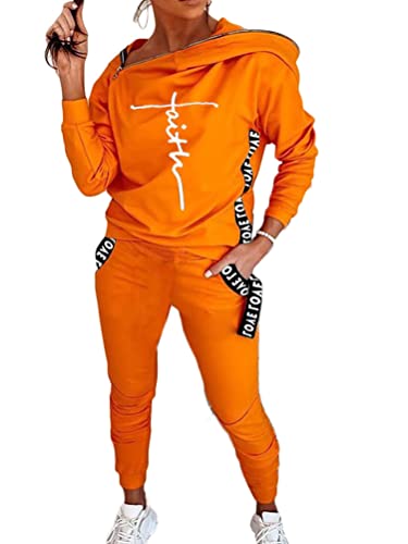 Onsoyours Damen Jogginganzug Sportanzug Set Traingsanzug 2 Teilig Freizeitanzug Brief Drucken Langarm Kapuzenpullover Sweatshirt + Lang Hosen Sportswear Bekleidungsset A Orange L von Onsoyours