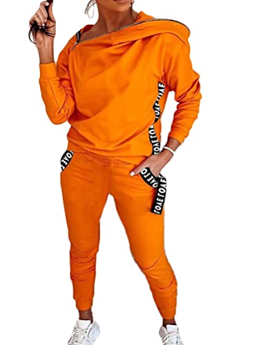 Onsoyours Damen Jogginganzug Sportanzug Set Traingsanzug 2 Teilig Freizeitanzug Brief Drucken Langarm Kapuzenpullover Sweatshirt + Lang Hosen Sportswear Bekleidungsset B Orange L von Onsoyours