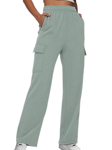 Onsoyours Damen Jogginghose Yogahose Weites Bein Freizeithose Trainingshose Sporthose Aktive Freizeit Gerades Bein Kordelzug Lose Lounge Pants mit Taschen Stretchbund Laufhose A Soja Grün L von Onsoyours