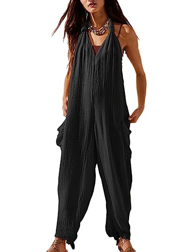 Onsoyours Damen Jumpsuit Ärmellos Rückenfrei Overall Baggy Hosenanzug V Ausschnitt Playsuit Sommer Verstellbare Neckholder Oversize Hose Mit Taschen Casual Vintage Einfarbig Hosenanzug A Schwarz L von Onsoyours