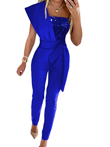 Onsoyours Damen Jumpsuit Einteiler Elegant Lässiger Overall Lang Hosenanzug Playsuit Jogginganzug Romper Casual Einfarbig Strampler Spielanzug Mit Gürtel A Blau S von Onsoyours