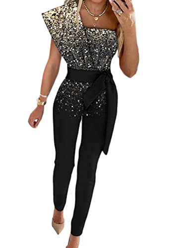 Onsoyours Damen Jumpsuit Einteiler Elegant Lässiger Overall Lang Hosenanzug Playsuit Jogginganzug Romper Casual Einfarbig Strampler Spielanzug Mit Gürtel A Gold L von Onsoyours