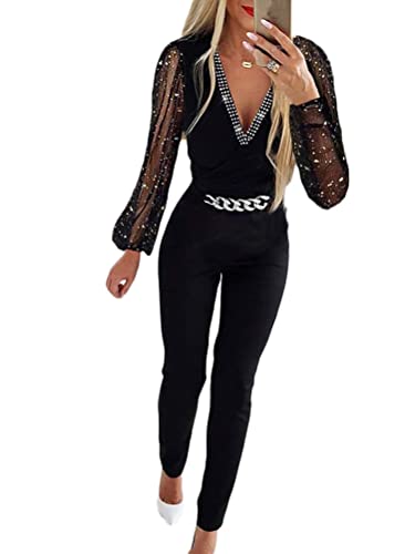 Onsoyours Damen Jumpsuit Einteiler Elegant Lässiger Overall Lang Hosenanzug Playsuit Jogginganzug Romper Casual Einfarbig Strampler Spielanzug Mit Gürtel B Schwarz 01 XL von Onsoyours