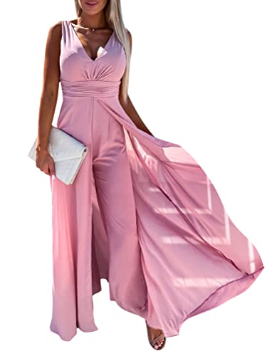 Onsoyours Damen Jumpsuit Einteiler Elegant Lässiger Overall Lang Hosenanzug Playsuit Jogginganzug Romper Casual Einfarbig Strampler Spielanzug Mit Gürtel C Rosa M von Onsoyours