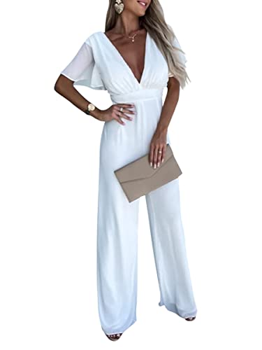 Onsoyours Damen Jumpsuit Elegant V-Ausschnitt Rückenfrei Hosenanzug Kurzarm Mit Rüschen Playsuit Romper Casual Weites Bein Lange Jumpsuit Sommer Overall A Weiß L von Onsoyours