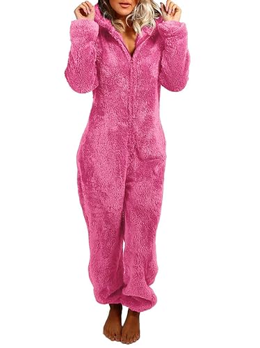 Onsoyours Damen Jumpsuit Fleece Schlafanzug Einteiler Winter Warm Onesie Lang Schlafoverall Pyjama Ganzkörperanzug Flauschig Hausanzug mit Kapuze Reißverschluss A Rosenrot L von Onsoyours