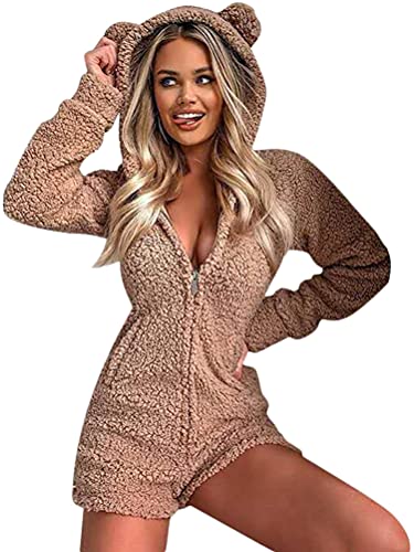 Onsoyours Damen Jumpsuit Fleece Sportanzug Set Kurze Süße Bär Einteiler Warme Pyjama Schlafanzug Flauschige Samt Plüsch Bademantel Braun M von Onsoyours