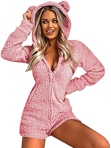 Onsoyours Damen Jumpsuit Fleece Sportanzug Set Kurze Süße Bär Einteiler Warme Pyjama Schlafanzug Flauschige Samt Plüsch Bademantel Rosa XS von Onsoyours