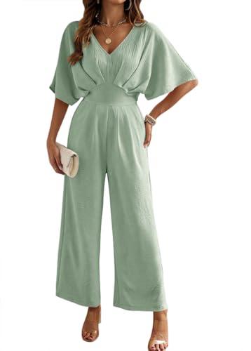 Onsoyours Damen Jumpsuit Lang Frühling Sommer Kurzarm Overall Hosenanzug Elegant V-Ausschnitt Weites Bein Playsuit Casual Party Festlich Hochzeit Romper A Hellgrün XL von Onsoyours