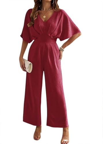 Onsoyours Damen Jumpsuit Lang Frühling Sommer Kurzarm Overall Hosenanzug Elegant V-Ausschnitt Weites Bein Playsuit Casual Party Festlich Hochzeit Romper A Weinrot XS von Onsoyours