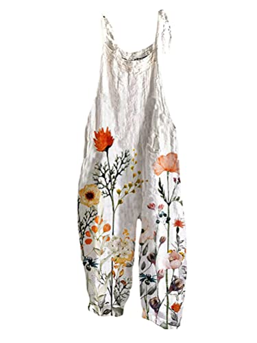 Onsoyours Damen Jumpsuit Latzhosen Linen Sommer Overall Latzhose Beiläufig Boho Blumendruck Hosen Baumwolle Leinen Strampler Overall Rompers Wide Leg Playsuit A Muster-18 3XL von Onsoyours