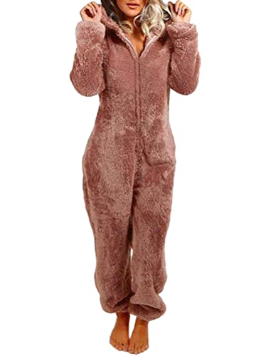 Onsoyours Damen Jumpsuit Pyjama Onesie Overall Einteiler Schlafanzug Warm Coral Fleece Nachtwäsche Ganzkörperanzug Hausanzug Mit Kapuze Reißverschluss A Kaffee XS von Onsoyours