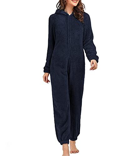 Onsoyours Damen Jumpsuit Pyjama Onesie Overall Einteiler Schlafanzug Warm Coral Fleece Nachtwäsche Ganzkörperanzug Hausanzug Mit Kapuze Reißverschluss A Marine 3XL von Onsoyours