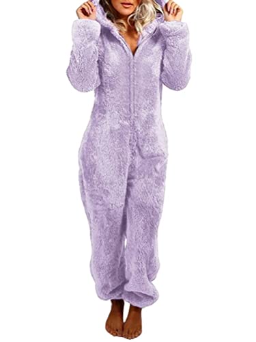 Onsoyours Damen Jumpsuit Pyjama Onesie Overall Einteiler Schlafanzug Warm Coral Fleece Nachtwäsche Ganzkörperanzug Hausanzug Mit Kapuze Reißverschluss A Violett XL von Onsoyours