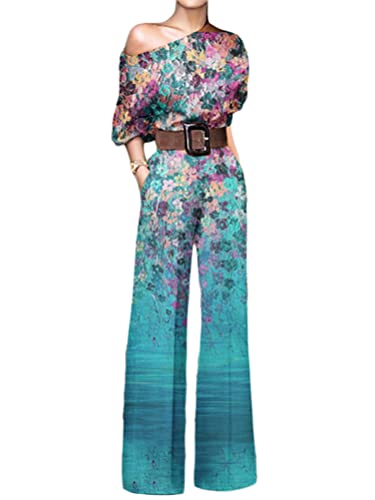 Onsoyours Damen Jumpsuit Sommer Lang Weites Bein Schulterfrei Elegant Jumpsuit Einfarbig Drucken Overall Hosenanzug Playsuit Romper C Blau XL von Onsoyours