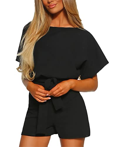 Onsoyours Damen Jumpsuit mit Gürtel Elegant Sommer Kurzarm Overalls Kurze Ärmel Elastische Taille Rompers Kurze Hose Schwarz M von Onsoyours