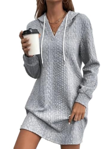 Onsoyours Damen Kapuzenpullover Hoodie Langarm Pulloverkleid mit Kapuze Sexy Sweatshirt Pullover Kleid Casual Herbst Winter Strickkleid Sweatkleid Freizeitkleid A Grau M von Onsoyours