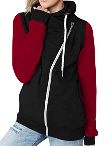 Onsoyours Damen Kapuzenpullover Stehkragen Hoodie Pullover Farbblock Sweatshirt Zipper Hoodie Herbst Winter Pulli Sweatjacke mit Reißverschluss B Rot L von Onsoyours