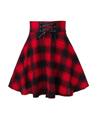 Onsoyours Damen Kariert Kilt-Rock Faltenröcke Tartan Minirock Hohe Taille Kurz Skirt Skater Rock Informell Mini Glocken Rock B Rot Large von Onsoyours