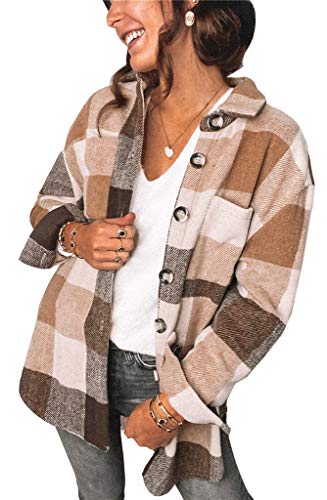Onsoyours Damen Karierte Jacke Beiläufig Lange Ärmel Revers Lose Oversize Damen Hemd Karierter Mantel Hemdjacke Mit Taschen A Braun 3XL von Onsoyours