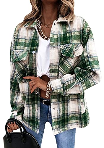 Onsoyours Damen Karierte Jacke Knöpfe Oversized Übergangsjacke Kurz Overshirt Mit Karomuster Taschen Langarm Leichte Hemd Jacke Y2K Herbst Oberteile Top C Grün 3XL von Onsoyours