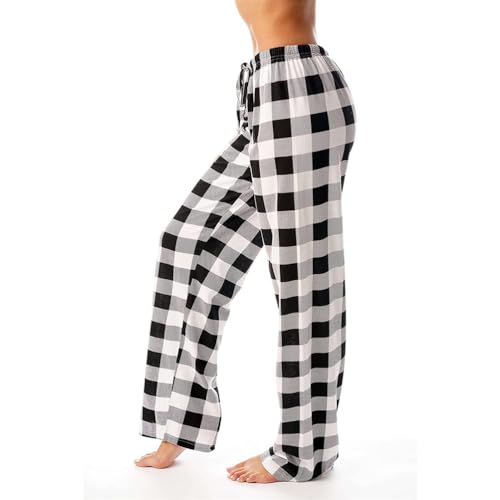 Onsoyours Damen Karierte Schlafanzughose Pyjamahose Nachtwäsche Hose Schlafhose Freizeithose Strandhose Weites Bein Hose mit Taschen Kordelzug A Weiß M von Onsoyours