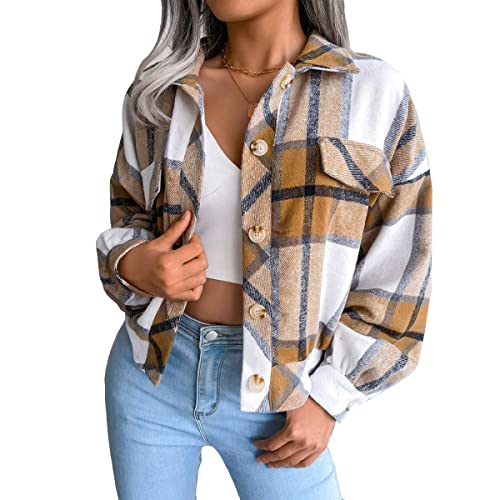 Onsoyours Damen Kariertes Hemd Blusen Karo Muster Overshirt mit Plaid Boyfriend Hemdbluse Karohemd Button-down Langarm Blusenshirt C Khaki XS von Onsoyours