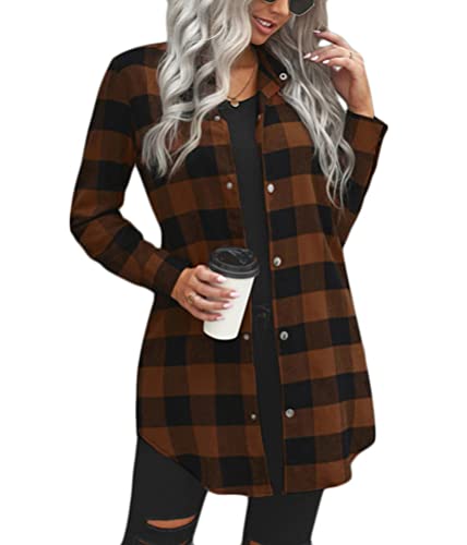 Onsoyours Damen Kariertes Hemd Blusen Overshirt Plaid Hemdbluse Karohemd Button-down Langarm Blusenshirt Herbst Winter Hemdjacke A Braun S von Onsoyours