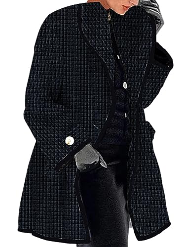 Onsoyours Damen Karo Trenchcoat Langarm Revers Jacke Tweed Mantel Elegante Leicht Parka Coat Outwear Cardigan mit Taschen Einfarbig mit Schwarzem Besatz Herbst Winter A Schwarz XL von Onsoyours