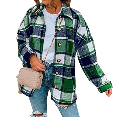 Onsoyours Damen Karrierte Bluse Langarm Karo Flanell Hemden Button-Down Hemdbluse Frauen Kariertes Hemd Langarm Holzfällerjacke Oversized Hemdbluse Freizeithemd B Grün 3XL von Onsoyours
