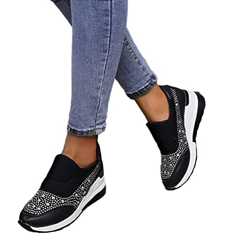 Onsoyours Damen Keilabsatz Plateau Schuhe Runde Zehe Strass Halbschuhe Slip On Freizeit Low top Wanderschuhe Sportschuhe rutschfest Freizeitschuh Sneaker A Schwarz 40 EU von Onsoyours