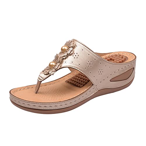 Onsoyours Damen Keilabsatz Sandalen mit Massage-Effekt und Polsterung Plateau Zehentrenner Strand Hausschuhe Lässige rutschfest Open Toe Orthopädische Sandaletten Pantoletten A Gold 41 EU von Onsoyours