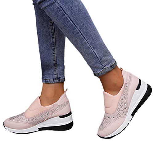 Onsoyours Damen Keilabsatz Schuhe Plateau Runde Zehe Strass Lässige Halbschuhe Modische Slip On Freizeit Low top Wanderschuhe Sportschuhe rutschfest Freizeitschuh Sneaker A Rosa 39 EU von Onsoyours