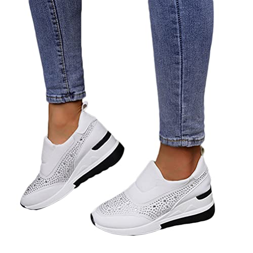 Onsoyours Damen Keilabsatz Schuhe Plateau Runde Zehe Strass Lässige Halbschuhe Modische Slip On Freizeit Low top Wanderschuhe Sportschuhe rutschfest Freizeitschuh Sneaker A Weiß 39 EU von Onsoyours