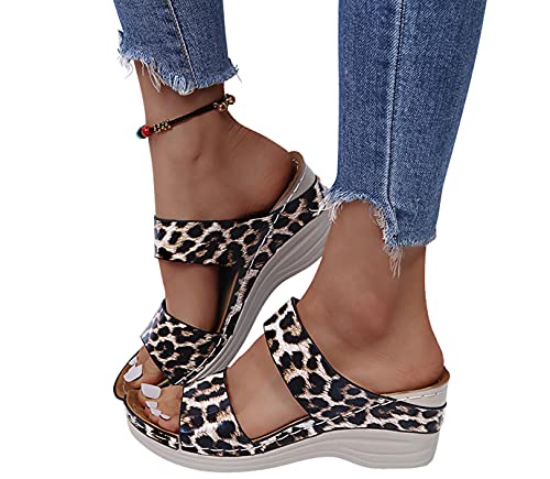 Onsoyours Damen Keilsandaletten Plateau Sandalen mit Absatz Sandaletten Römersandalen Pantoletten Schuhe Wedge Heel Offene Schuhe Elegante Freizeit Sommer Absatzschuhe C Leopard 35 EU von Onsoyours