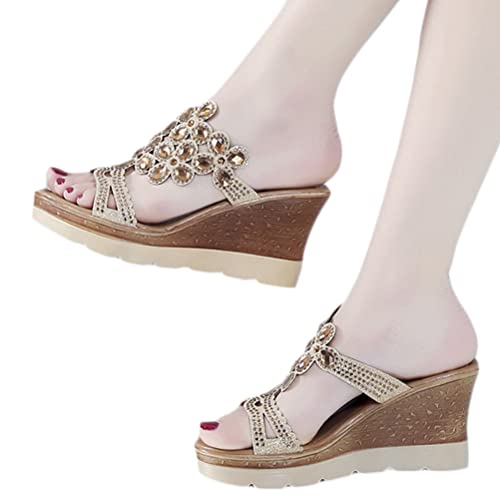 Onsoyours Damen Keilsandaletten Strass Boho Wedge Lässige Sandalen Glitzer Kristall Plateau Sandalen Slip On Pantoletten Atmungsaktiv Open Toe Sandaletten Sommerschuhe A Gold 40 EU von Onsoyours