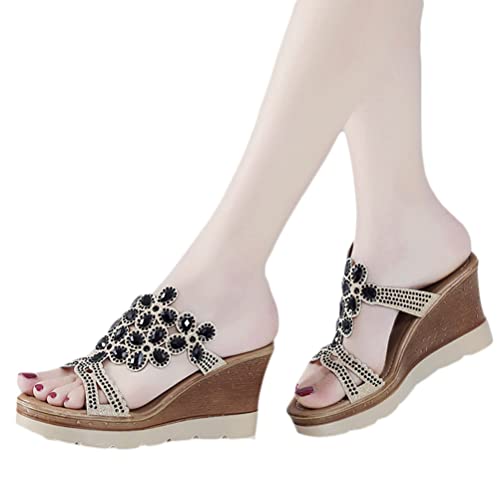 Onsoyours Damen Keilsandaletten Strass Boho Wedge Lässige Sandalen Glitzer Kristall Plateau Sandalen Slip On Pantoletten Atmungsaktiv Open Toe Sandaletten Sommerschuhe A Schwarz 37 EU von Onsoyours