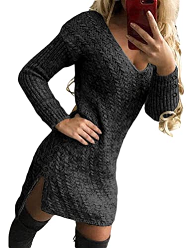 Onsoyours Damen Kleid Casual Elegante Strickkleid Langarm V-Ausschnitt Pullover Tunika Minikleid Wickelkleid Mit Knopf Schlitz Warme Für Herbst Winter B Schwarz XXL von Onsoyours