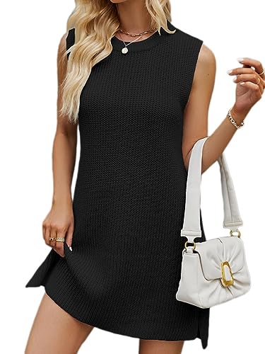 Onsoyours Damen Kleid Elegante Strickkleid Casual Ärmelloses Rundhalsausschnitt Einfarbig Pullover Tunika Minikleid Mit Schlitz Pulloverkleid Strickpullover Kleider mit Gürtel A Schwarz XS von Onsoyours